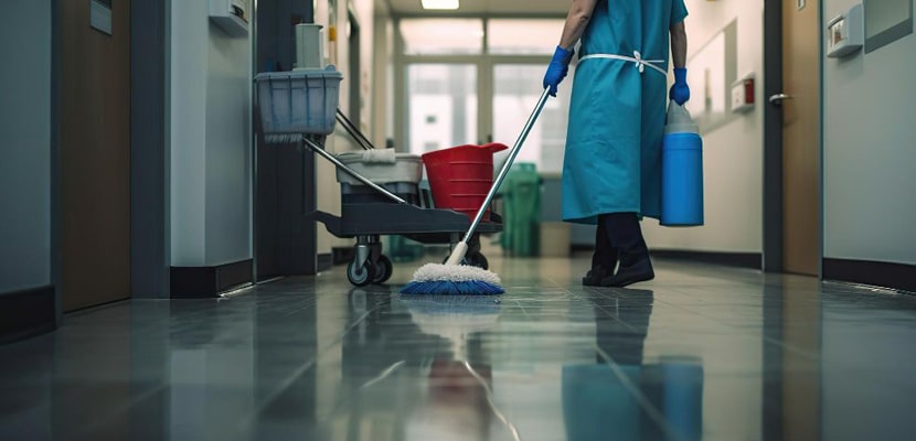 Mujer lleva carrito de aseo y limpia piso de sala de hospital