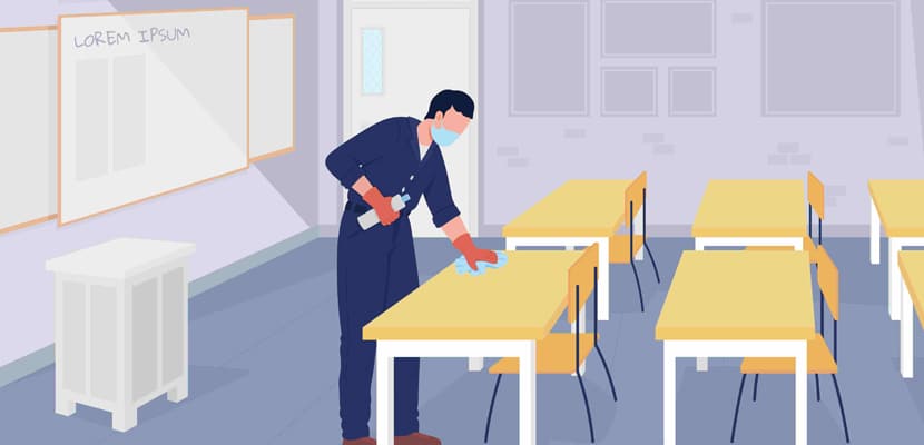 ilustración de hombre usando tapabocas, guantes y mopa limpiando salón de clases